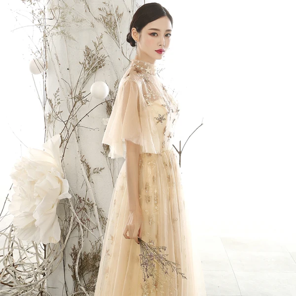 Chic / Beautiful Gold See-through Evening Dresses 2020 A-Line / Princess High Neck Puffy Short Sleeve Glitter Appliques Star Floor-Length / Long Ruffle Backless