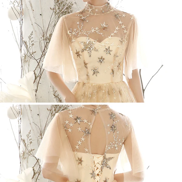 Chic / Beautiful Gold See-through Evening Dresses 2020 A-Line / Princess High Neck Puffy Short Sleeve Glitter Appliques Star Floor-Length / Long Ruffle Backless