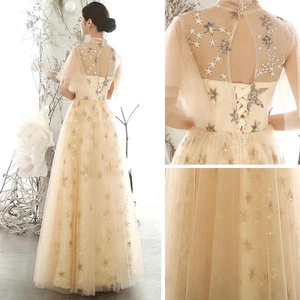 Chic / Beautiful Gold See-through Evening Dresses 2020 A-Line / Princess High Neck Puffy Short Sleeve Glitter Appliques Star Floor-Length / Long Ruffle Backless