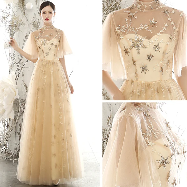 Chic / Beautiful Gold See-through Evening Dresses 2020 A-Line / Princess High Neck Puffy Short Sleeve Glitter Appliques Star Floor-Length / Long Ruffle Backless
