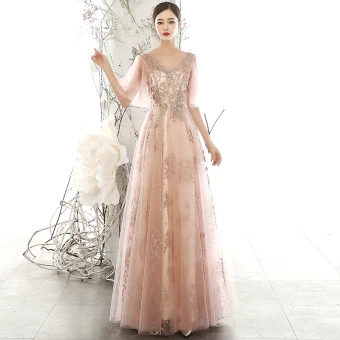Chic Belle Perle Rose Transparentes Robe De Soirée 2020 Princesse V Cou Gonflée 1 2 Manches Glitter Appliques Paillettes Tulle Longue Volants Dos Nu Robe De Ceremonie