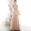Chic / Beautiful Pearl Pink See-through Evening Dresses  2020 A-Line / Princess V-Neck Puffy 1/2 Sleeves Glitter Appliques Sequins Tulle Floor-Length / Long Ruffle Backless Formal Dresses