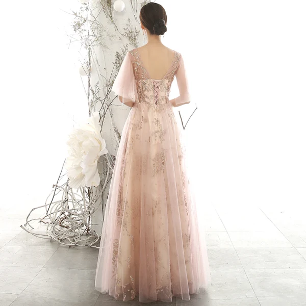Chic / Beautiful Pearl Pink See-through Evening Dresses 2020 A-Line / Princess V-Neck Puffy 1/2 Sleeves Glitter Appliques Sequins Tulle Floor-Length / Long Ruffle Backless Formal Dresses