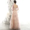 Chic / Beautiful Pearl Pink See-through Evening Dresses  2020 A-Line / Princess V-Neck Puffy 1/2 Sleeves Glitter Appliques Sequins Tulle Floor-Length / Long Ruffle Backless Formal Dresses