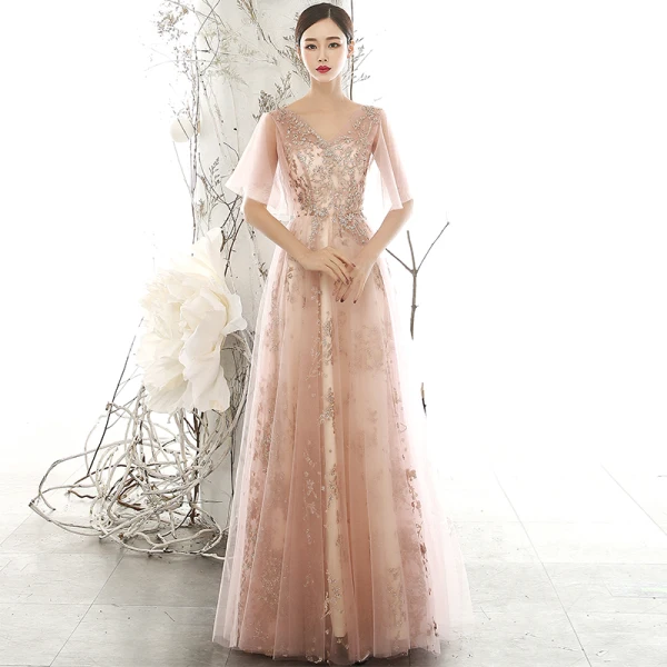 Chic / Beautiful Pearl Pink See-through Evening Dresses 2020 A-Line / Princess V-Neck Puffy 1/2 Sleeves Glitter Appliques Sequins Tulle Floor-Length / Long Ruffle Backless Formal Dresses