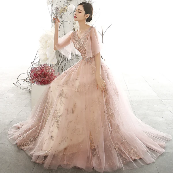 Chic / Beautiful Pearl Pink See-through Evening Dresses 2020 A-Line / Princess V-Neck Puffy 1/2 Sleeves Glitter Appliques Sequins Tulle Floor-Length / Long Ruffle Backless Formal Dresses