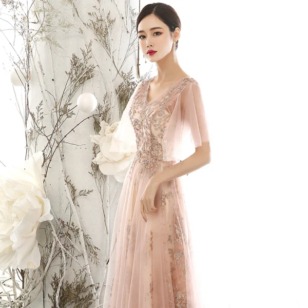 Chic / Beautiful Pearl Pink See-through Evening Dresses 2020 A-Line / Princess V-Neck Puffy 1/2 Sleeves Glitter Appliques Sequins Tulle Floor-Length / Long Ruffle Backless Formal Dresses