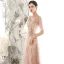 Chic / Beautiful Pearl Pink See-through Evening Dresses  2020 A-Line / Princess V-Neck Puffy 1/2 Sleeves Glitter Appliques Sequins Tulle Floor-Length / Long Ruffle Backless Formal Dresses