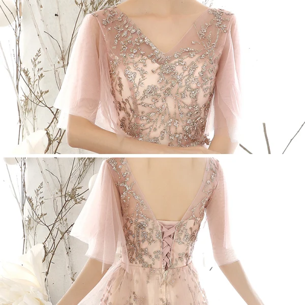 Chic / Beautiful Pearl Pink See-through Evening Dresses 2020 A-Line / Princess V-Neck Puffy 1/2 Sleeves Glitter Appliques Sequins Tulle Floor-Length / Long Ruffle Backless Formal Dresses