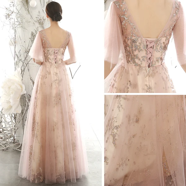 Chic / Beautiful Pearl Pink See-through Evening Dresses 2020 A-Line / Princess V-Neck Puffy 1/2 Sleeves Glitter Appliques Sequins Tulle Floor-Length / Long Ruffle Backless Formal Dresses