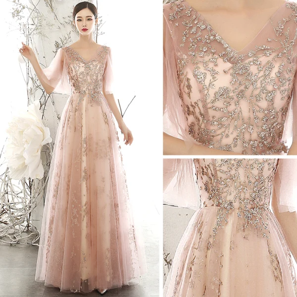 Chic / Beautiful Pearl Pink See-through Evening Dresses 2020 A-Line / Princess V-Neck Puffy 1/2 Sleeves Glitter Appliques Sequins Tulle Floor-Length / Long Ruffle Backless Formal Dresses
