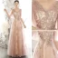 Chic / Beautiful Pearl Pink See-through Evening Dresses  2020 A-Line / Princess V-Neck Puffy 1/2 Sleeves Glitter Appliques Sequins Tulle Floor-Length / Long Ruffle Backless Formal Dresses