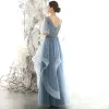 Chic / Beautiful Ocean Blue Evening Dresses  2020 A-Line / Princess V-Neck Puffy 1/2 Sleeves Appliques Lace Beading Floor-Length / Long Cascading Ruffles Backless Formal Dresses