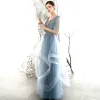 Chic / Beautiful Ocean Blue Evening Dresses  2020 A-Line / Princess V-Neck Puffy 1/2 Sleeves Appliques Lace Beading Floor-Length / Long Cascading Ruffles Backless Formal Dresses
