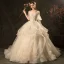 Affordable Champagne Wedding Dresses 2019 Ball Gown Off-The-Shoulder Bell sleeves Backless Appliques Lace Beading Chapel Train Cascading Ruffles