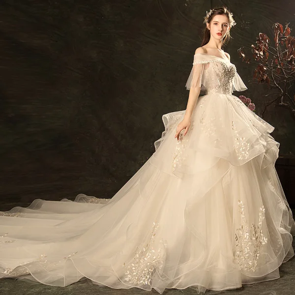 Affordable Champagne Wedding Dresses 2019 Ball Gown Off-The-Shoulder Bell sleeves Backless Appliques Lace Beading Chapel Train Cascading Ruffles