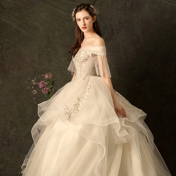Affordable Champagne Wedding Dresses 2019 Ball Gown Off-The-Shoulder Bell sleeves Backless Appliques Lace Beading Chapel Train Cascading Ruffles