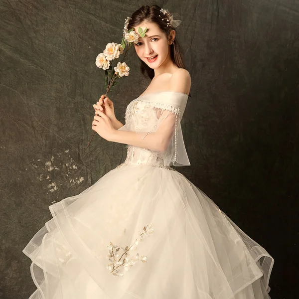 Affordable Champagne Wedding Dresses 2019 Ball Gown Off-The-Shoulder Bell sleeves Backless Appliques Lace Beading Chapel Train Cascading Ruffles