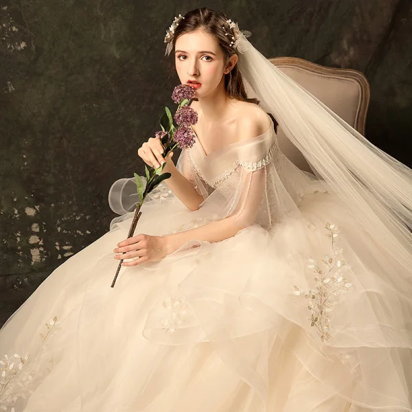 Affordable Champagne Wedding Dresses 2019 Ball Gown Off-The-Shoulder Bell sleeves Backless Appliques Lace Beading Chapel Train Cascading Ruffles
