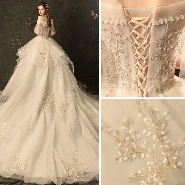 Affordable Champagne Wedding Dresses 2019 Ball Gown Off-The-Shoulder Bell sleeves Backless Appliques Lace Beading Chapel Train Cascading Ruffles