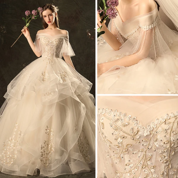 Affordable Champagne Wedding Dresses 2019 Ball Gown Off-The-Shoulder Bell sleeves Backless Appliques Lace Beading Chapel Train Cascading Ruffles