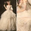 Affordable Champagne Wedding Dresses 2019 Ball Gown Off-The-Shoulder Bell sleeves Backless Appliques Lace Beading Chapel Train Cascading Ruffles