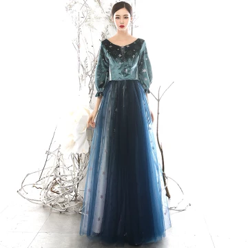 Chic Belle Bleu Marine Hiver Daim Robe De Soirée 2020 Princesse Encolure Dégagée Gonflée 3 4 Manches Glitter Étoile Longue Volants Dos Nu Robe De Ceremonie