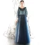 Chic / Beautiful Navy Blue Winter Suede Evening Dresses  2020 Princess Scoop Neck Puffy 3/4 Sleeve Glitter Star Floor-Length / Long Ruffle Backless Formal Dresses