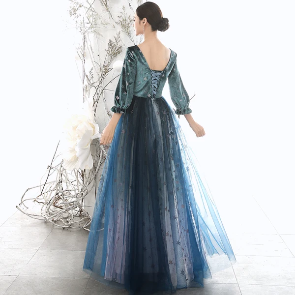 Chic / Beautiful Navy Blue Winter Suede Evening Dresses 2020 Princess Scoop Neck Puffy 3/4 Sleeve Glitter Star Floor-Length / Long Ruffle Backless Formal Dresses