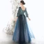 Chic / Beautiful Navy Blue Winter Suede Evening Dresses  2020 Princess Scoop Neck Puffy 3/4 Sleeve Glitter Star Floor-Length / Long Ruffle Backless Formal Dresses