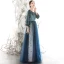 Chic / Beautiful Navy Blue Winter Suede Evening Dresses  2020 Princess Scoop Neck Puffy 3/4 Sleeve Glitter Star Floor-Length / Long Ruffle Backless Formal Dresses