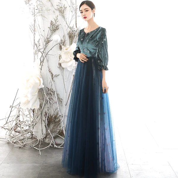 Chic / Beautiful Navy Blue Winter Suede Evening Dresses 2020 Princess Scoop Neck Puffy 3/4 Sleeve Glitter Star Floor-Length / Long Ruffle Backless Formal Dresses