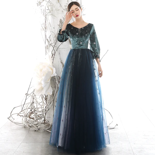 Chic / Beautiful Navy Blue Winter Suede Evening Dresses 2020 Princess Scoop Neck Puffy 3/4 Sleeve Glitter Star Floor-Length / Long Ruffle Backless Formal Dresses