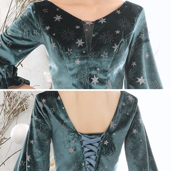 Chic / Beautiful Navy Blue Winter Suede Evening Dresses 2020 Princess Scoop Neck Puffy 3/4 Sleeve Glitter Star Floor-Length / Long Ruffle Backless Formal Dresses