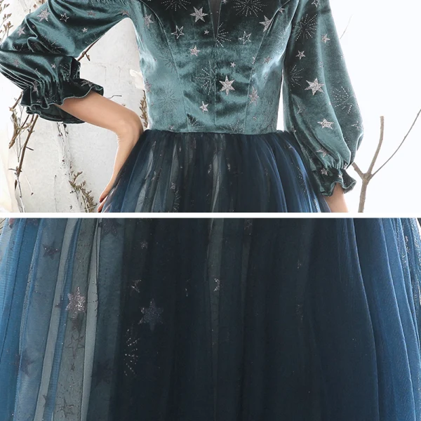 Chic / Beautiful Navy Blue Winter Suede Evening Dresses 2020 Princess Scoop Neck Puffy 3/4 Sleeve Glitter Star Floor-Length / Long Ruffle Backless Formal Dresses