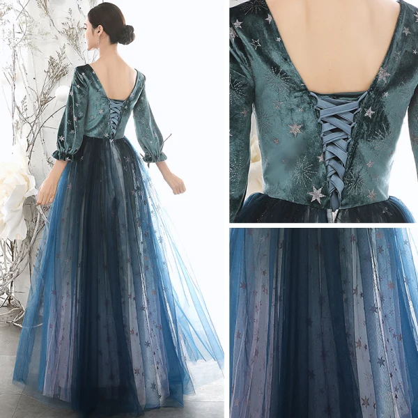 Chic / Beautiful Navy Blue Winter Suede Evening Dresses 2020 Princess Scoop Neck Puffy 3/4 Sleeve Glitter Star Floor-Length / Long Ruffle Backless Formal Dresses