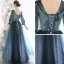 Chic / Beautiful Navy Blue Winter Suede Evening Dresses  2020 Princess Scoop Neck Puffy 3/4 Sleeve Glitter Star Floor-Length / Long Ruffle Backless Formal Dresses