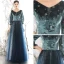 Chic / Beautiful Navy Blue Winter Suede Evening Dresses  2020 Princess Scoop Neck Puffy 3/4 Sleeve Glitter Star Floor-Length / Long Ruffle Backless Formal Dresses