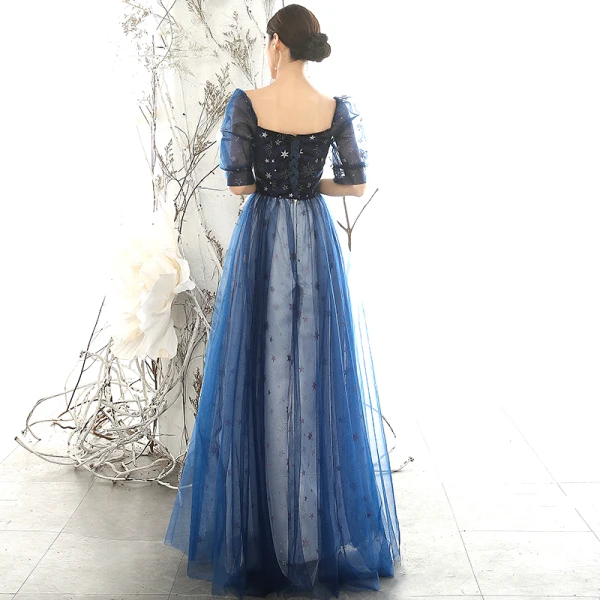 Abordable Bleu Marine Robe De Soirée 2020 Princesse Encolure Carrée Gonflée 1/2 Manches Glitter Étoile Longue Volants Dos Nu Robe De Ceremonie