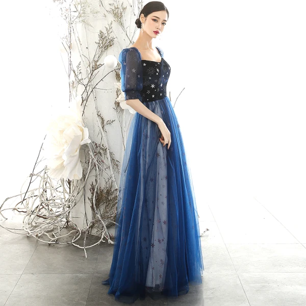 Abordable Bleu Marine Robe De Soirée 2020 Princesse Encolure Carrée Gonflée 1/2 Manches Glitter Étoile Longue Volants Dos Nu Robe De Ceremonie