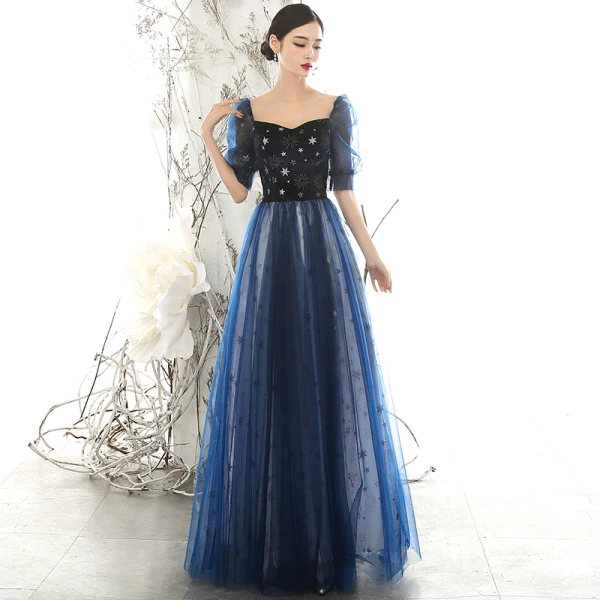 Abordable Bleu Marine Robe De Soirée 2020 Princesse Encolure Carrée Gonflée 1/2 Manches Glitter Étoile Longue Volants Dos Nu Robe De Ceremonie