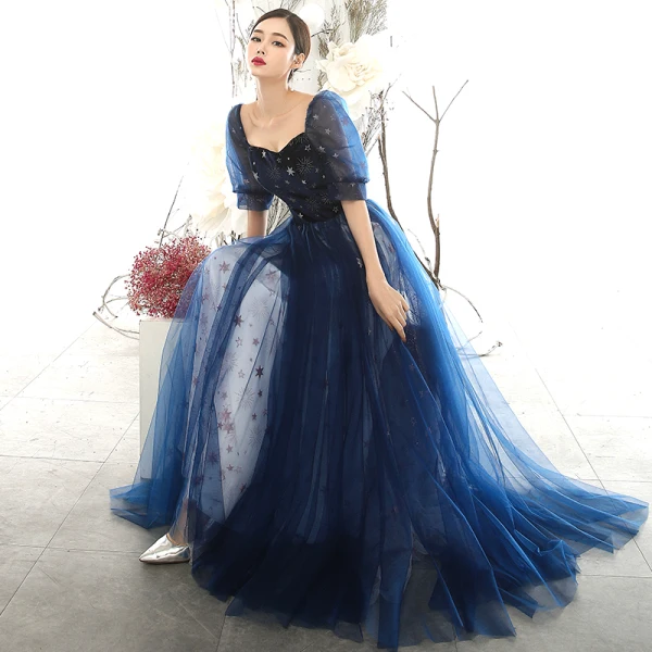 Abordable Bleu Marine Robe De Soirée 2020 Princesse Encolure Carrée Gonflée 1/2 Manches Glitter Étoile Longue Volants Dos Nu Robe De Ceremonie