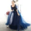 Abordable Bleu Marine Robe De Soirée 2020 Princesse Encolure Carrée Gonflée 1/2 Manches Glitter Étoile Longue Volants Dos Nu Robe De Ceremonie