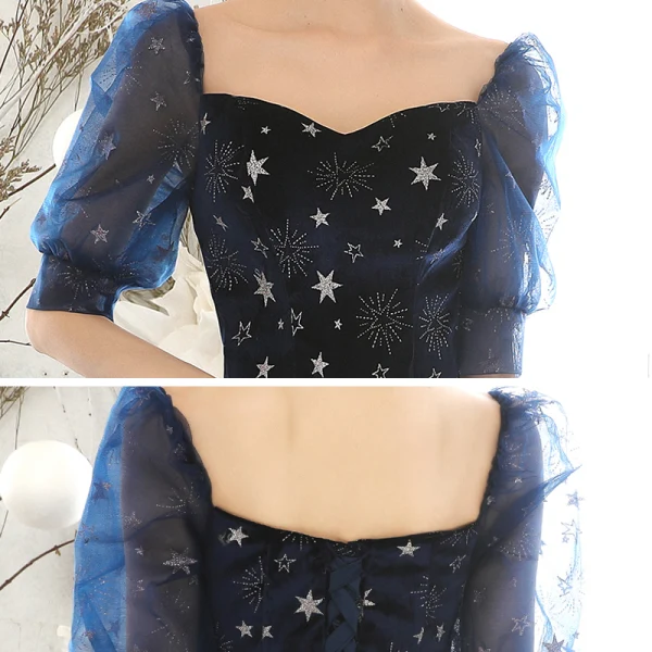 Abordable Bleu Marine Robe De Soirée 2020 Princesse Encolure Carrée Gonflée 1/2 Manches Glitter Étoile Longue Volants Dos Nu Robe De Ceremonie
