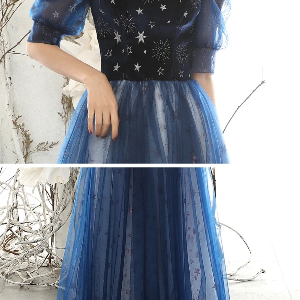 Abordable Bleu Marine Robe De Soirée 2020 Princesse Encolure Carrée Gonflée 1/2 Manches Glitter Étoile Longue Volants Dos Nu Robe De Ceremonie