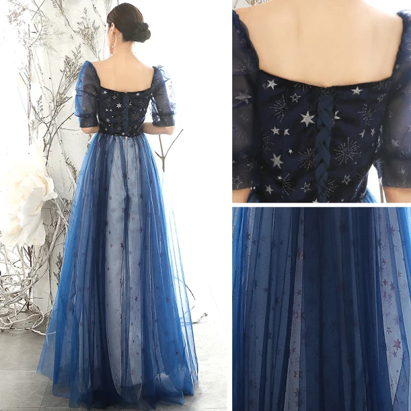 Abordable Bleu Marine Robe De Soirée 2020 Princesse Encolure Carrée Gonflée 1/2 Manches Glitter Étoile Longue Volants Dos Nu Robe De Ceremonie