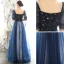 Abordable Bleu Marine Robe De Soirée 2020 Princesse Encolure Carrée Gonflée 1/2 Manches Glitter Étoile Longue Volants Dos Nu Robe De Ceremonie