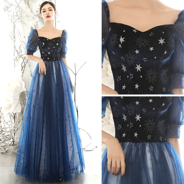 Abordable Bleu Marine Robe De Soirée 2020 Princesse Encolure Carrée Gonflée 1/2 Manches Glitter Étoile Longue Volants Dos Nu Robe De Ceremonie