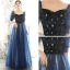 Abordable Bleu Marine Robe De Soirée 2020 Princesse Encolure Carrée Gonflée 1/2 Manches Glitter Étoile Longue Volants Dos Nu Robe De Ceremonie
