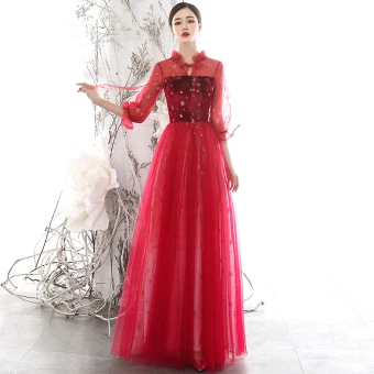 Chic Belle Rouge Transparentes Robe De Soirée 2020 Princesse Col Haut Gonflée 3 4 Manches Glitter Étoile Longue Volants Dos Nu Robe De Ceremonie